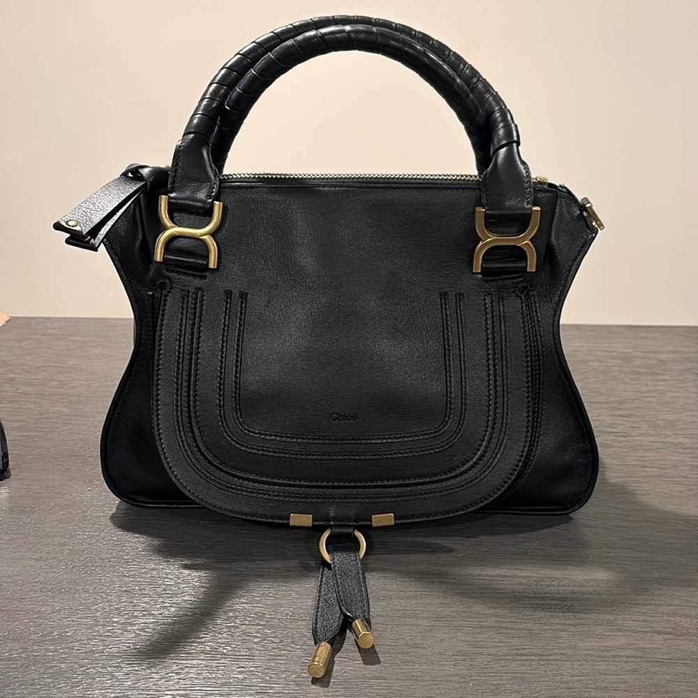 Rare CHLOÉ BLACK BRASS Hardware Marcie textured-LEATHER SHOULDER TOTE